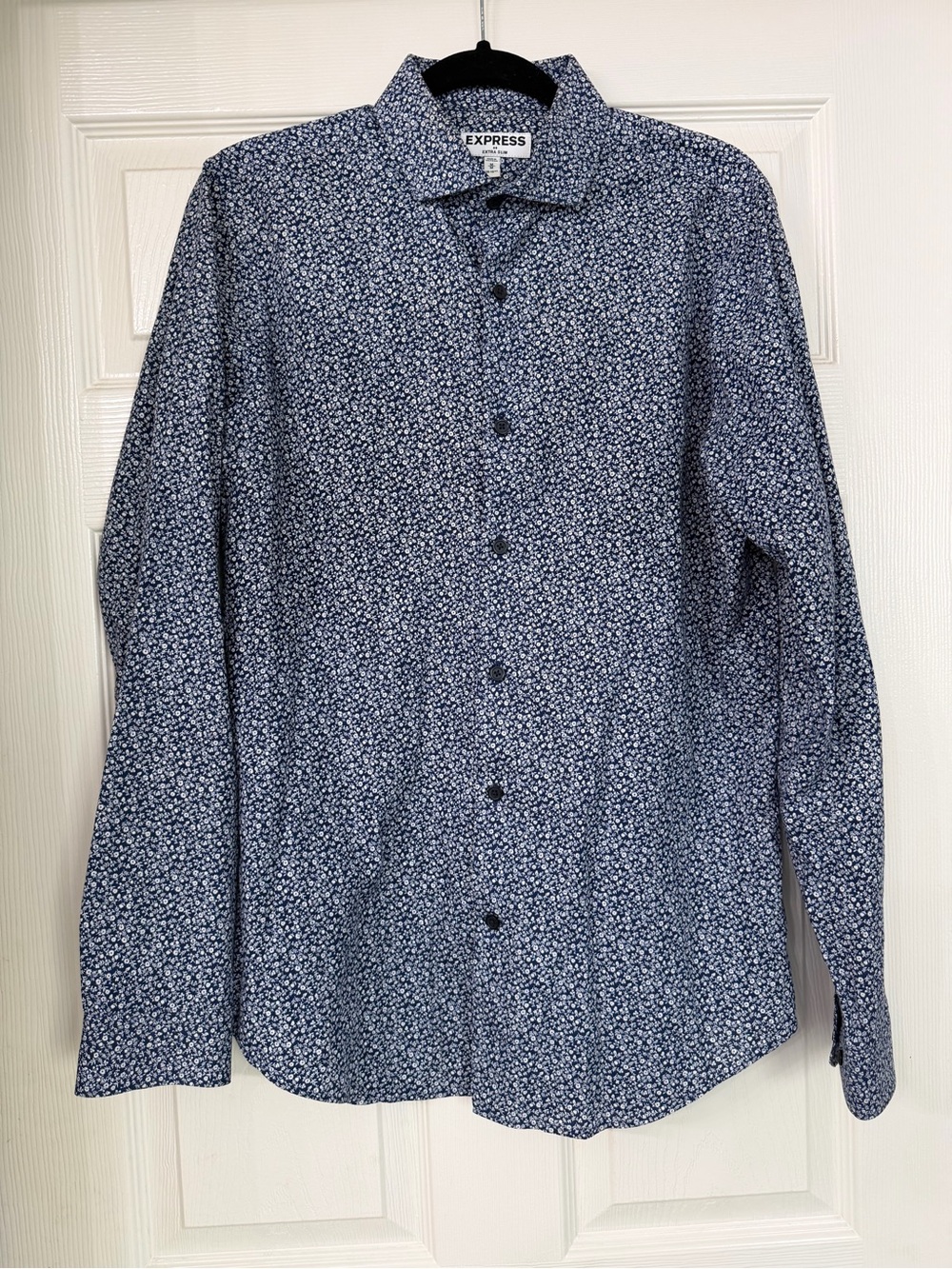 Men’s Navy and White Floral Extra Slim Dress Shirt Medium